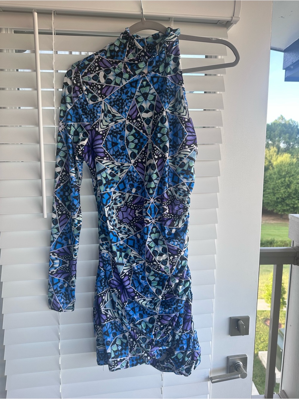 AFRM Blue and Purple One-Shoulder Geometric Print Dress